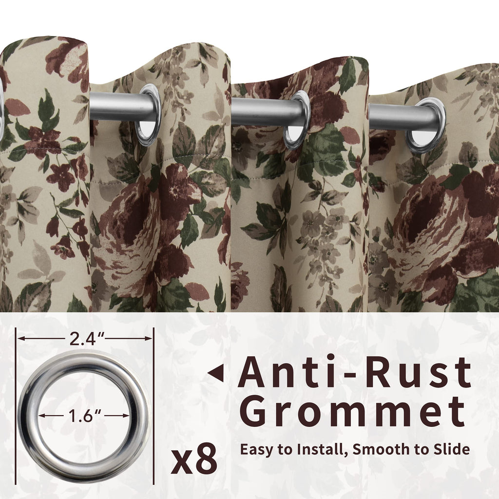 Easy-Going Floral Printed Blackout Curtain 84 Inch Length Grommet Thermal Insulated Room Darkening Window Curtain for Bedroom, Living Room, Kids Room (Set of 2 Panels, Beige)
