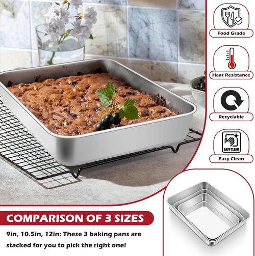 Leonyo Stainless Steel Baking Pans - Nonstick Heavy Duty Set of 2 | Deep Rectangular 12⅓ x 9¾ x 2 Inch Bakeware