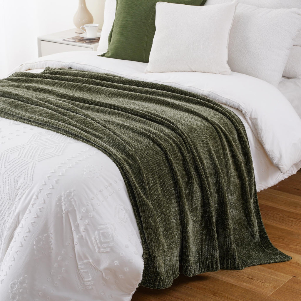 BATTILO HOME Olive Green Chenille Throw Blanket for Couch, Cozy Knit Throw Blanket for Bed Sofa Outdoor, Super Soft Warm Green Blankets Chenille Blankets for Home Decor, 51"x67"