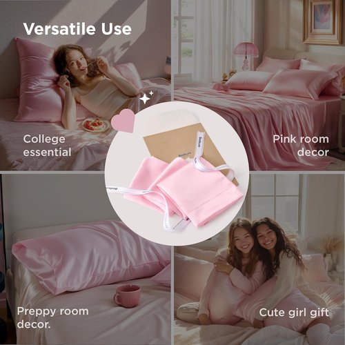 Bedsure Satin Pillowcase Set of 2 - Luxurious Pink Pillow Covers for Hair & Skin | Queen Size 20x30 Inches