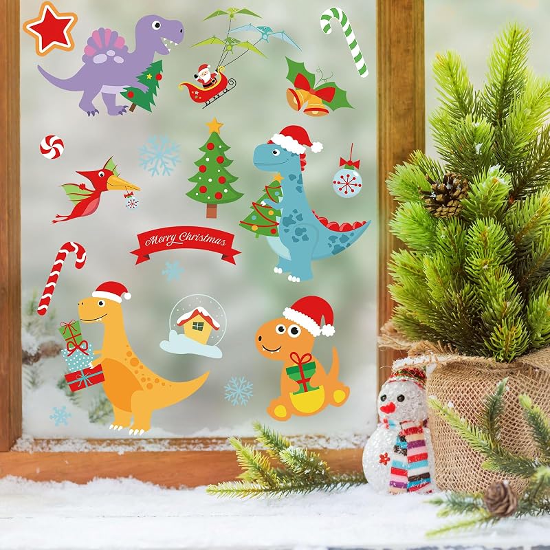 Christmas Window Clings Set - 9 Sheets Dino & Snowflake Reusable Window Decals