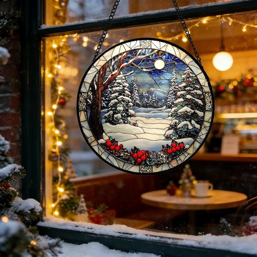 DASTOLL Stained Glass Window Hanging - Winter Snow Night Scenery Suncatcher | 9.8" Home Decor Gift