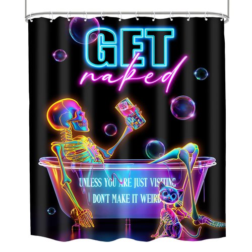 Mitpok Neon Funny Skull Shower Curtain 60Wx72H Skeleton Gothic Spooky Unique Cool Bone in Bathtub Bubbles Black Halloween Cat Modern Bathroom Decor Colorful Bath Curtain Fabric Polyester 12 Pack Hooks