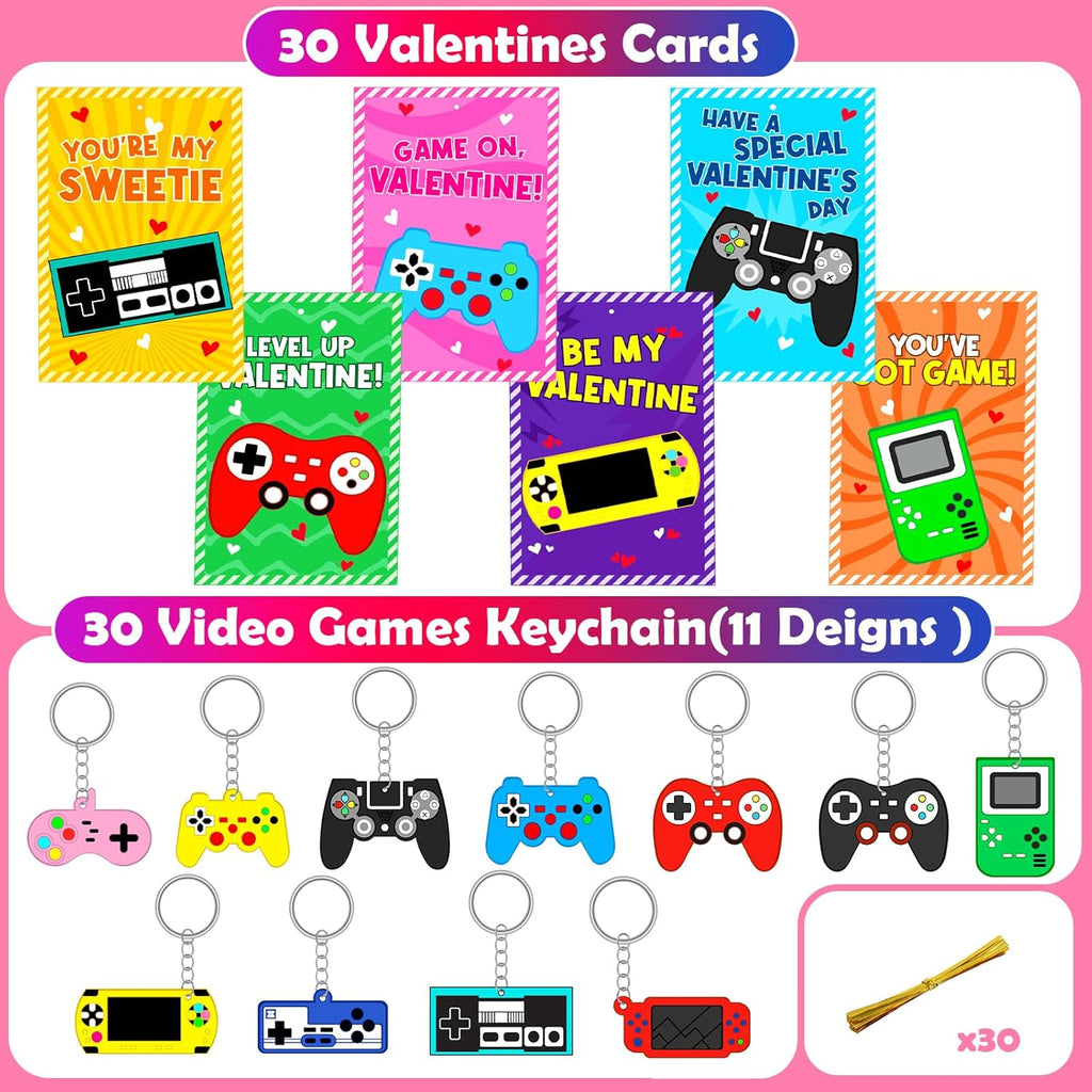 Skiennix 30-Pack Valentine's Day Cards & Video Game Keychains | Perfect Classroom Exchange Gifts for Kids