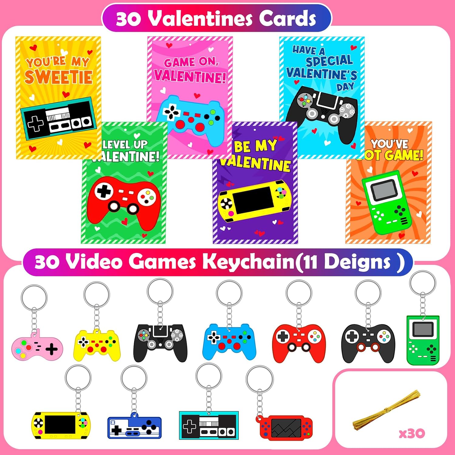 Skiennix 30-Pack Valentine's Day Cards & Video Game Keychains | Perfect Classroom Exchange Gifts for Kids
