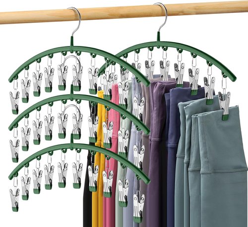 Legging Organizer by [Brand Name] - Space-Saving Metal Yoga Pants Hangers | 4 Pack with 10 Clips for 40 Leggings, Green