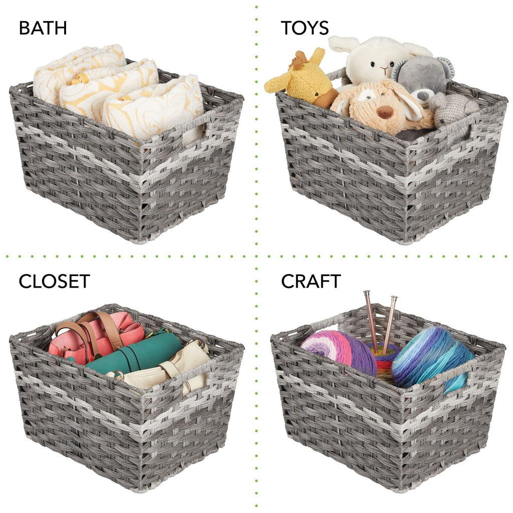 mDesign Wide Rectangular Woven Braided Rope Home Storage Baskets with Handles - for Organizing Closet, Bedroom, Bathroom, Living Room, Entryway, Office - 8.25" High, 2 Pack - Gray