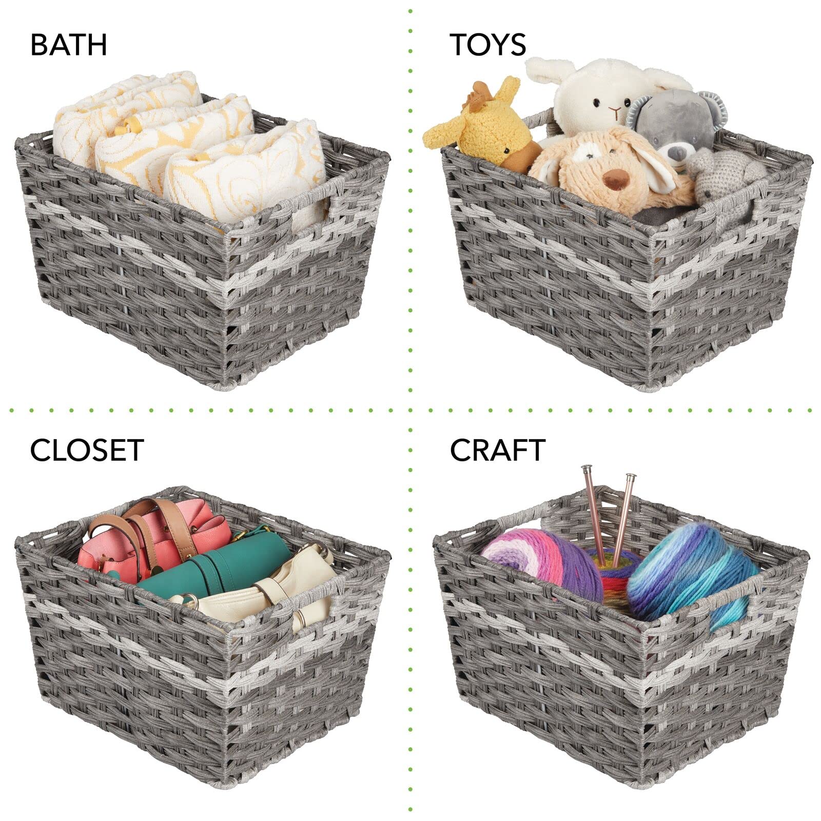 mDesign Wide Rectangular Woven Braided Rope Home Storage Baskets with Handles - for Organizing Closet, Bedroom, Bathroom, Living Room, Entryway, Office - 8.25" High, 2 Pack - Gray