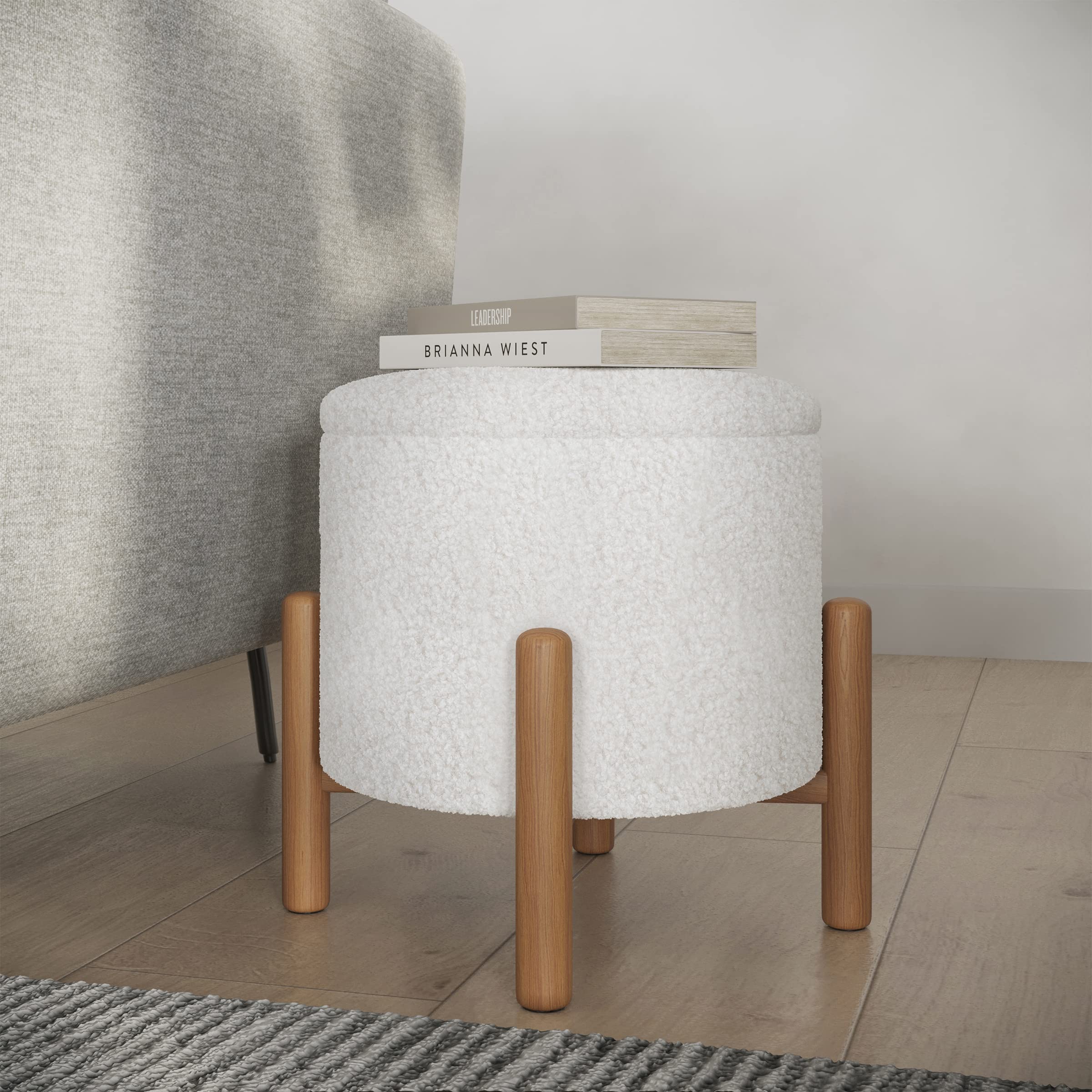 Round Sherpa Storage Ottoman Pouf with Removable Lid – Plush Couch Footrest & Hidden Organizer for Small Spaces, Dorm or Living Room by Lavish Home (White)