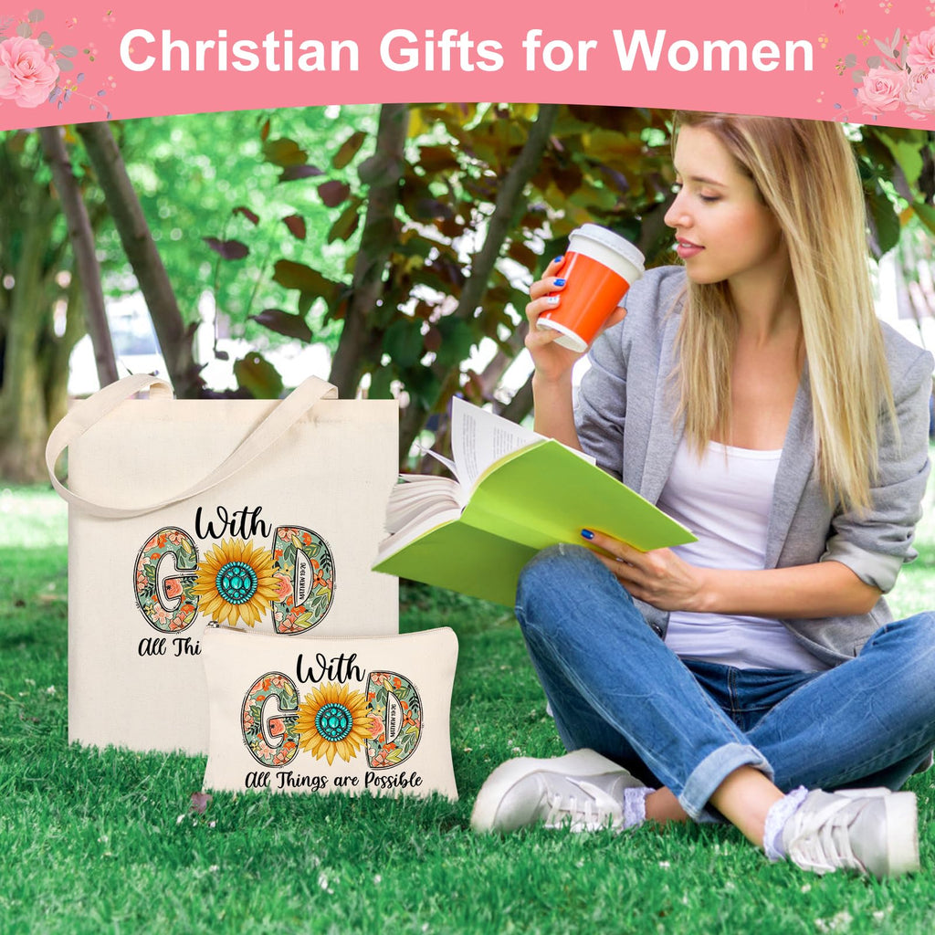 Tecanne Christian Gifts for Women, Canvas Tote Bag with Makeup Bag, Inspirational, Religious, Spiritual, Birthday, Christmas Gifts for Women Her, Mom, Wife, Girlfriend, Sisters, Best Friends