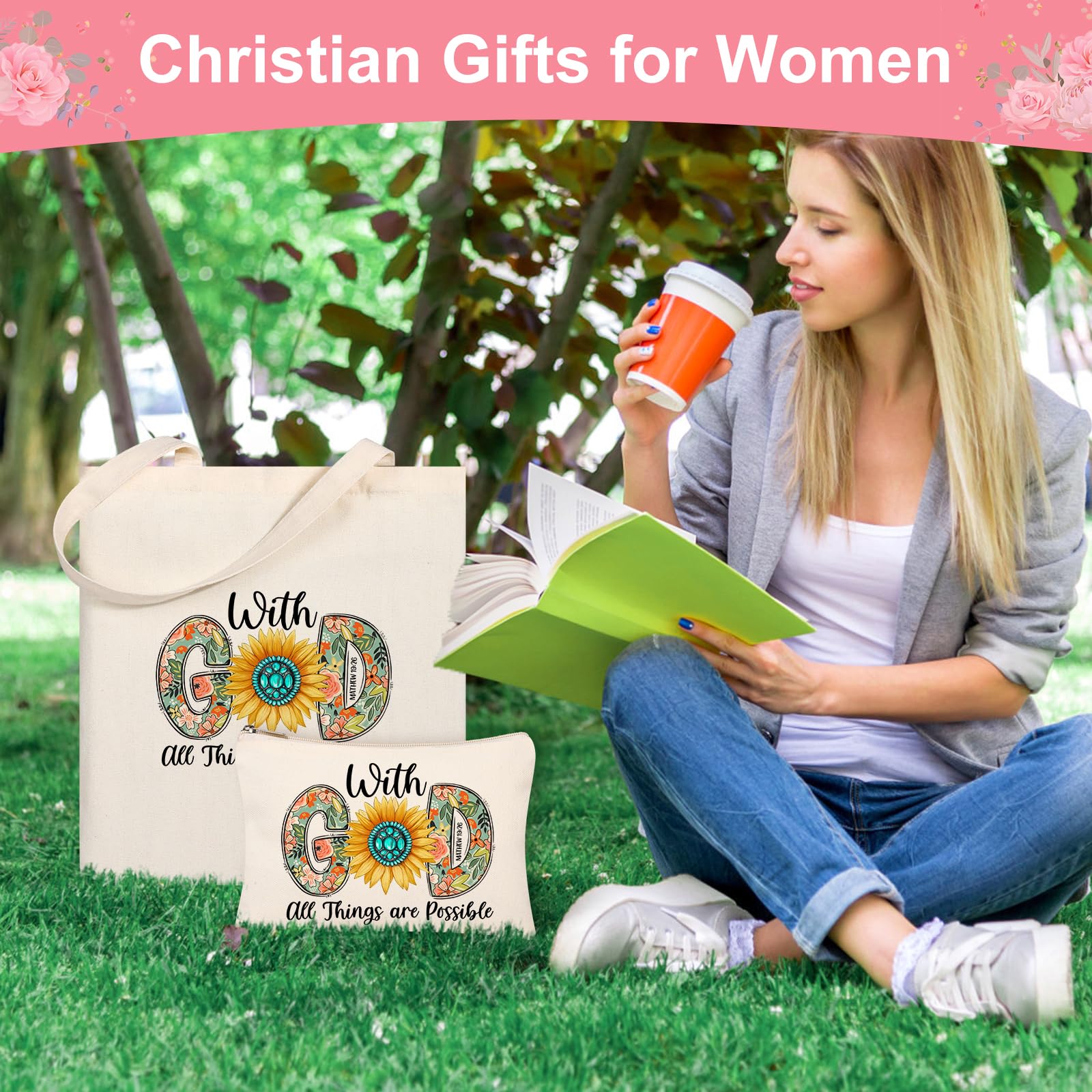 Tecanne Christian Gifts for Women, Canvas Tote Bag with Makeup Bag, Inspirational, Religious, Spiritual, Birthday, Christmas Gifts for Women Her, Mom, Wife, Girlfriend, Sisters, Best Friends