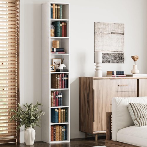 IRONCK Tall Narrow Bookshelf - 8-Tier Compact Corner Bookcase for Living Room, Office, Bedroom | White Finish