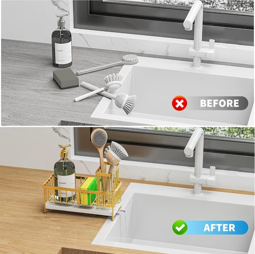 Cisily Kitchen Sink Caddy Organizer - Rustproof 304 Stainless Steel Sponge Holder (Gold, 9.25")