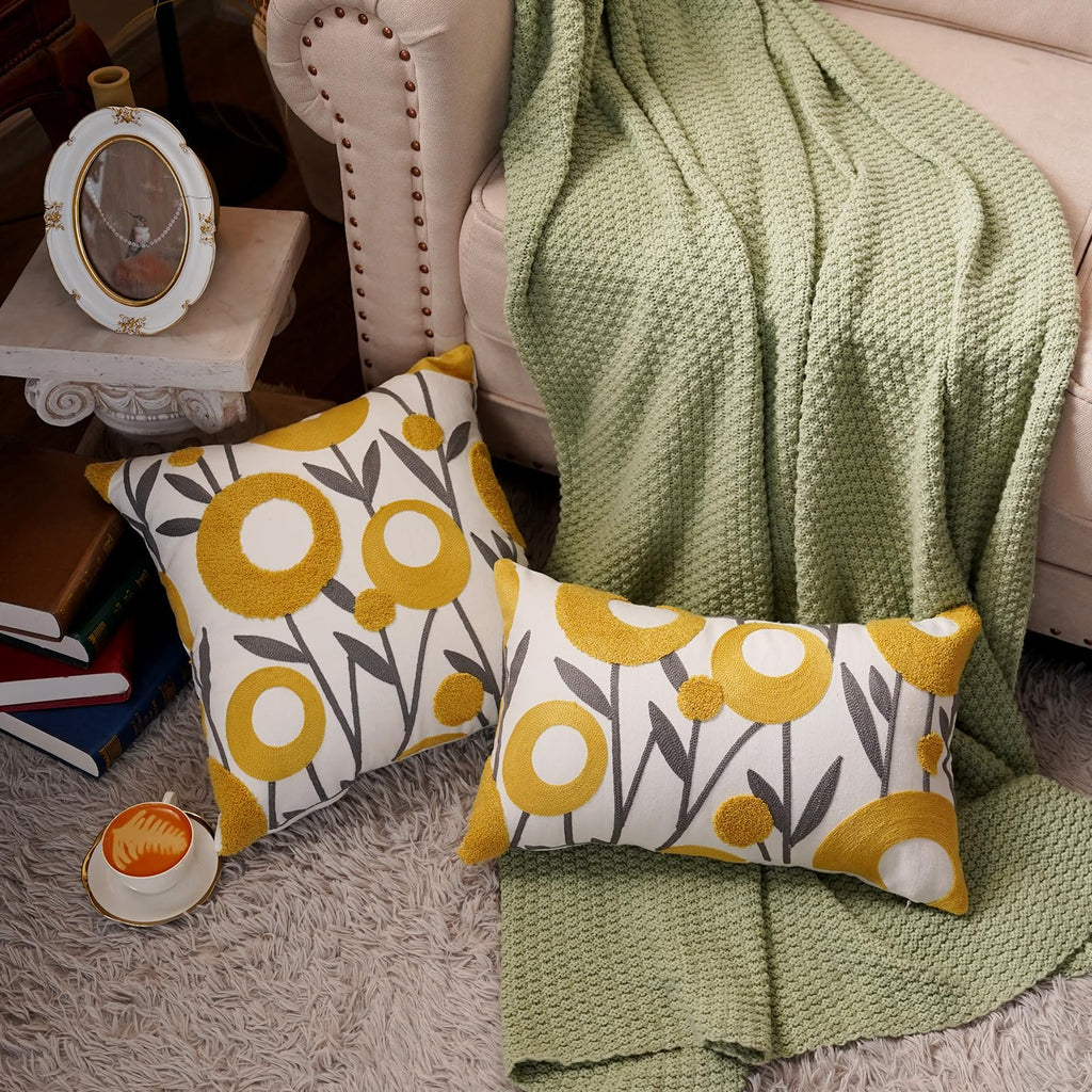 ARTMAGIC White Embroidery Floral Throw Pillow Covers Spring Summer Decorative Pillowcase Square Cushion Cover for Couch Sofa Bed Living Room Bedroom Decor (Yellow 02, 12" x 20")