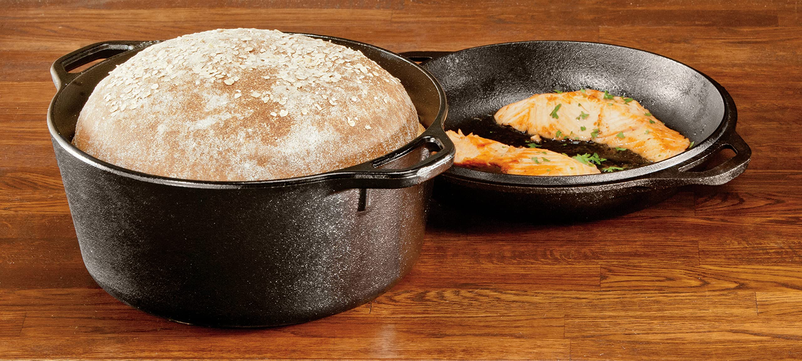 Lodge Cast Iron Double Dutch Oven 5 Quart - Pre-Seasoned 2-in-1 Cast Iron Cookware - Pot & Skillet Combo - Even Heat Retention - Oven-Safe, Versatile Pot