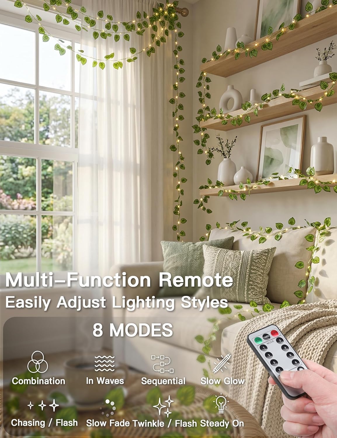 Suddus Vines String Lights - 33ft 100 LED Watermelon Leaves | Battery & USB Powered, Remote Control, Warm White
