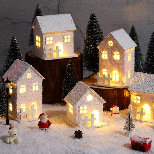 Kajaia Christmas Winter Village Set - 12 Houses & Trees with LED Lights | Cute White Figurines