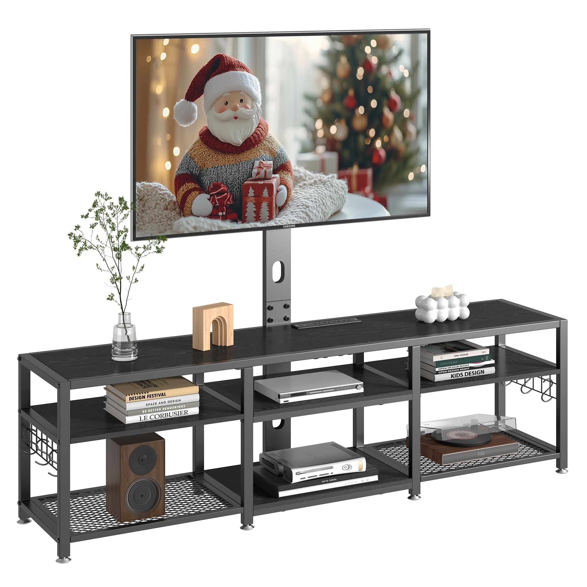 VECELO Dresser TV Stand for Bedroom with 5 Fabric Drawers, Entertainment Center for 32/40/43 in TVs, Media Console Table with Storage, Open Shelf, Adjustable Feet, Living Room Furniture, Rustic Gray