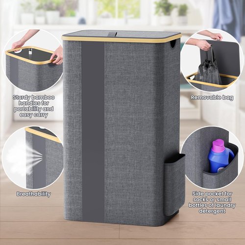 BlissTotes Laundry Basket - 100L Clothes Hamper with Lid & Removable Bag | Breathable Design - Light Grey