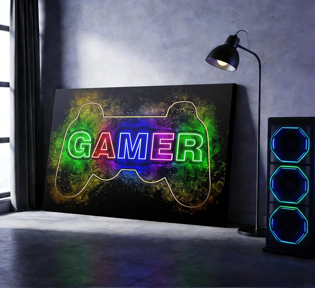 Skiennix Cool Gaming Canvas Wall Art - Colorful Neon Gamepad Poster for Teen Boys Room | 12 x 16 Inch