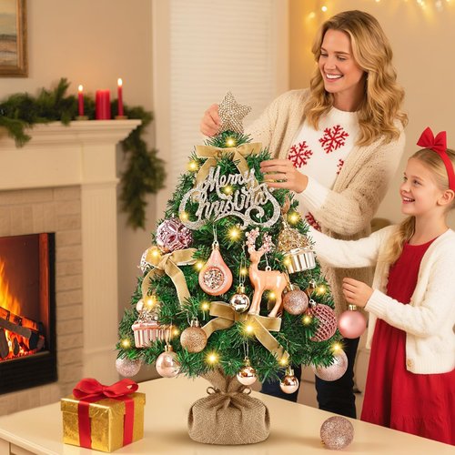 Livole 2 FT Small Christmas Tree, Mini Christmas Tree with Lights, Mini Tabletop Full Xmas Trees with 35 PCS Pink Ornaments, Merry Christmas, Xmas Tree for Table DIY Christmas Decor