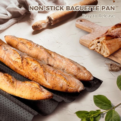 KITESSENSU Nonstick Baguette Pans - Perforated Bakery Tray for 2 Loaves, 15" x 6.3", Silver