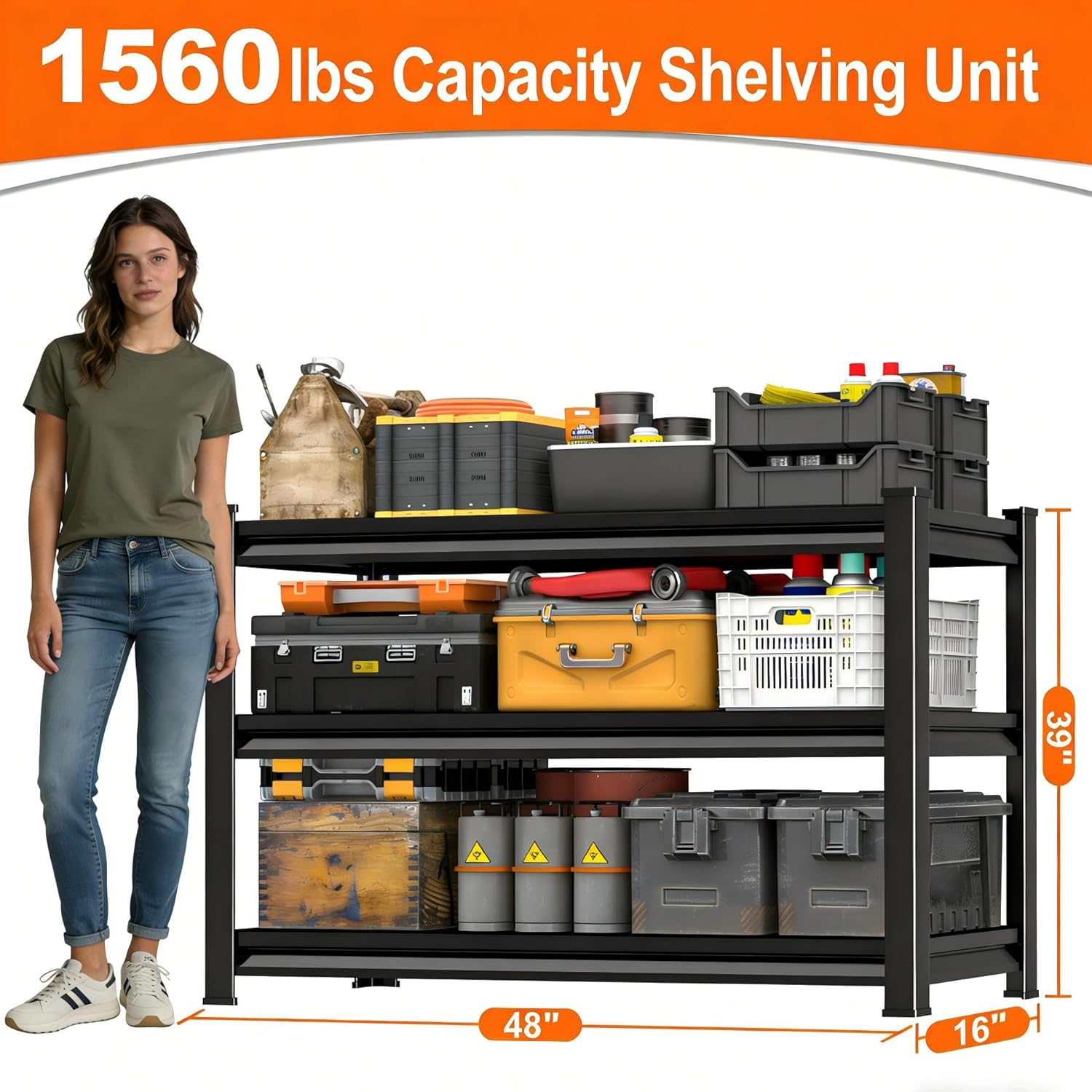 Metal Garage Shelving - Heavy Duty 3-Tier Utility Rack | 1,560 Lbs Capacity, Adjustable, Black 48'' W