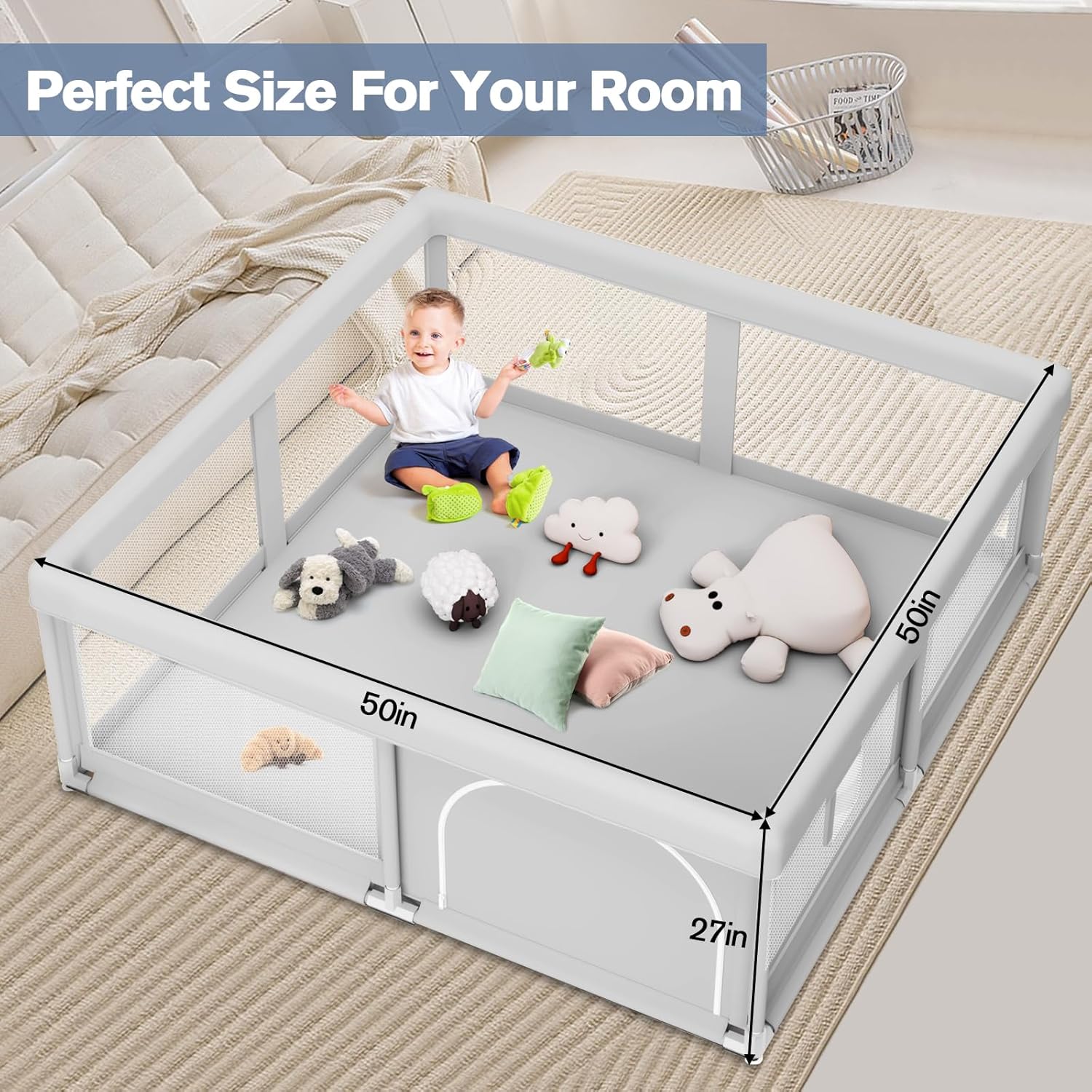 Skiennix Baby Playpen - Sturdy Safety Play Yard for Indoor & Outdoor Use | 50 x 50 Inch Soft Mesh Fence