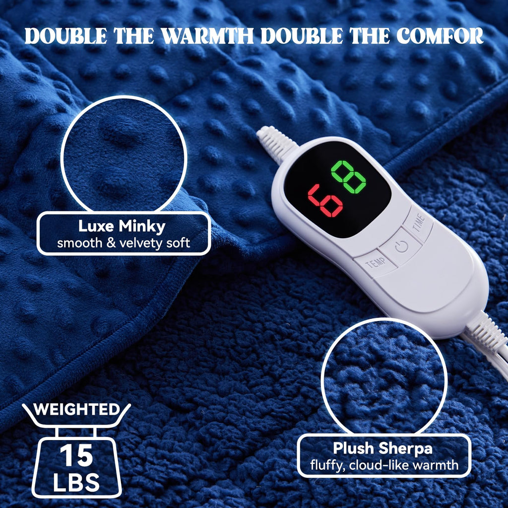 Wellfeel Heated Weighted Blanket for Adults, Soft Electric Throw Blanket 48''x72'' 15LBS Fast Heating Heavy Cozy Blanket with 10 Heating Levels and 1/2/4/6/8 Hours Auto Off (Blue,Twin Size)