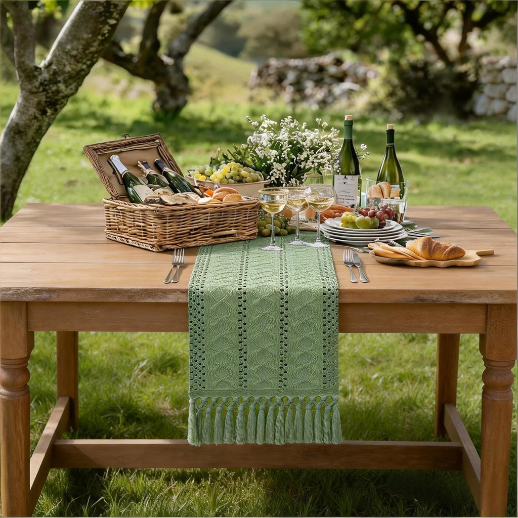 Socomi Sage Green Boho Table Runner - Rustic Macrame Woven Cotton Linen Decor | 12x60 Inch for Dining & Coffee Tables
