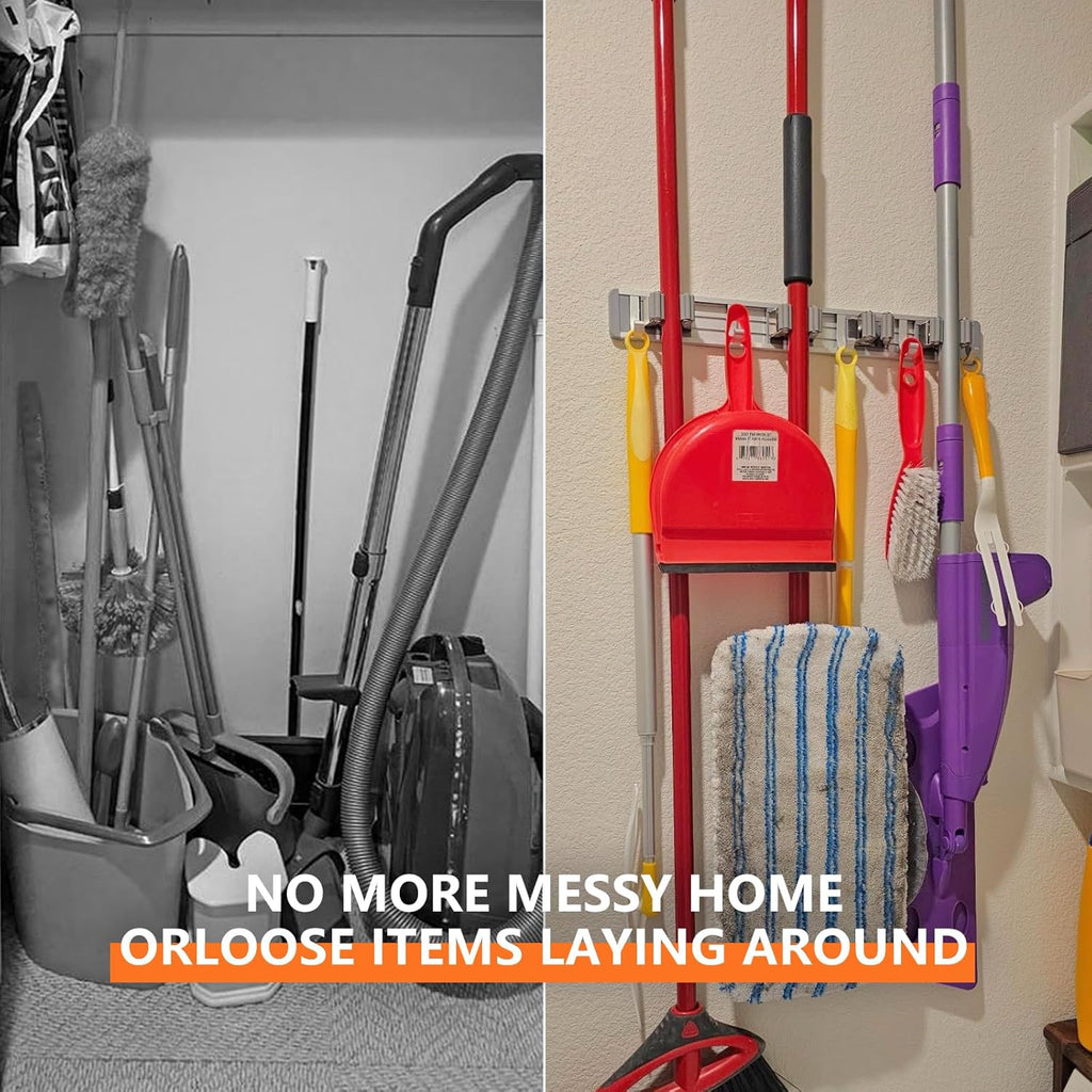 Reliahom Adjustable Broom Holder - Wall Mount Mop Storage Organizer with 4 Racks & 5 Hooks | Silver Finish