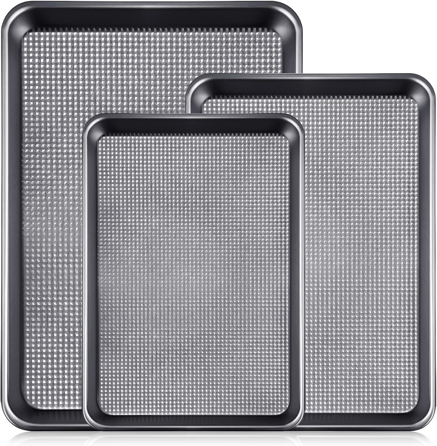 Vinino Baking Sheet Set of 3 - Non-Stick Carbon Steel Cookie Sheets with Square Texture - Grey