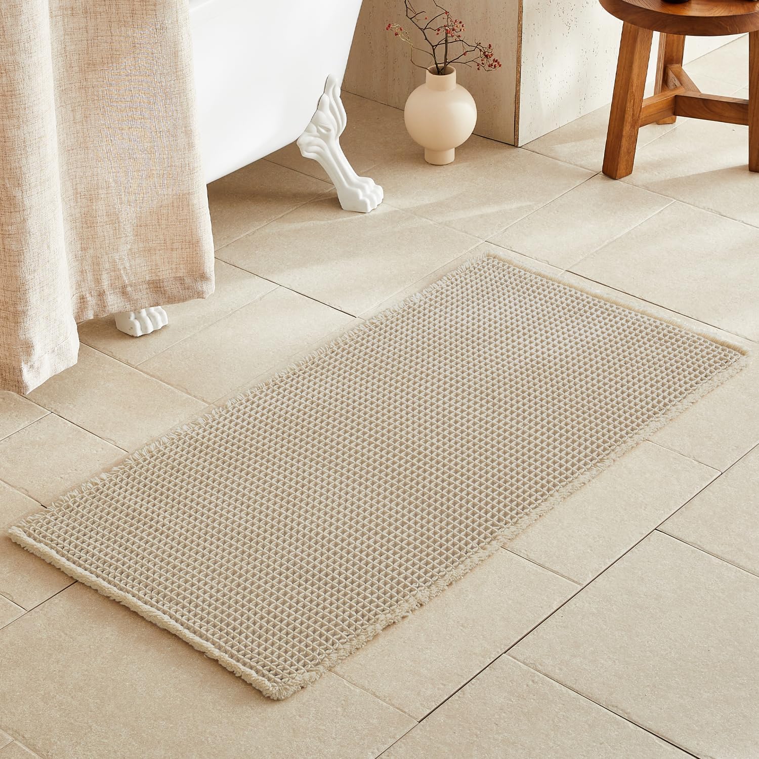 TYUU Bathroom Rug - Non-Slip Waffle Bath Mat | Super Absorbent & Quick Dry, 48''x24'' Pale Beige