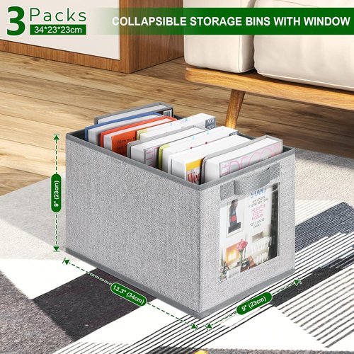 Homsorout Closet Storage Bins - Fabric Organizer Cubes with Window, 11-Inch, 3-Pack, Blended Linen