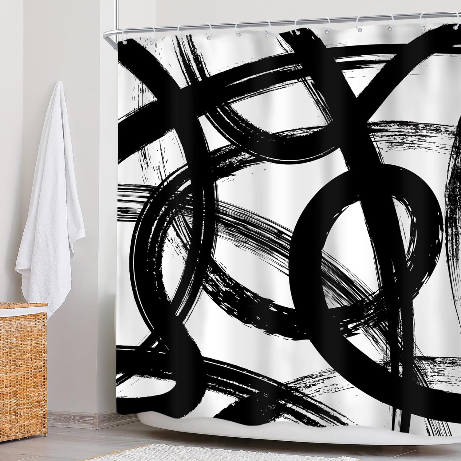 Newsely Black & White Abstract Shower Curtain - Modern Minimalist Design | 60" x 72" Waterproof Bath Decor