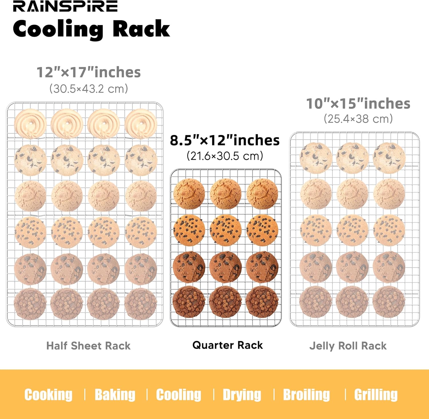 Rainspire Cooling Rack - Heavy Duty Stainless Steel Baking Rack | Oven Safe, Fits Quarter Sheet Pan, 8.5" x 12", 2-Pack