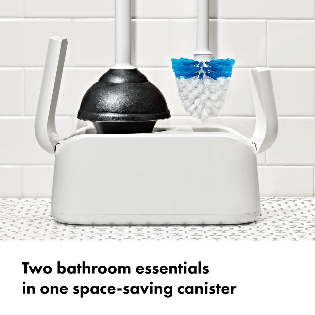 OXO Good Grips Toilet Brush & Plunger Set | Two Bathroom Essentials in one Space-Saving Canister | Toilet Bowl Cleaner and Plunger with Holder, Perfect for Small bathrooms