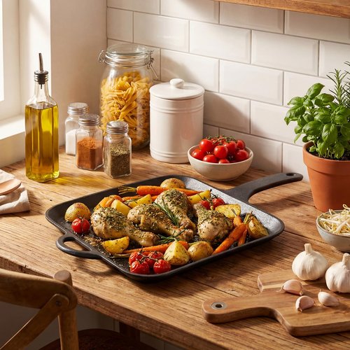 Ferrochef 12 Inch Cast Iron Square Griddle, Seasoned Flat Skillets with Ring Handle, Cast Iron Square Griddle Pan for Stove Top, Stylishly Designed &heat Resistant for Kitchen Cooking