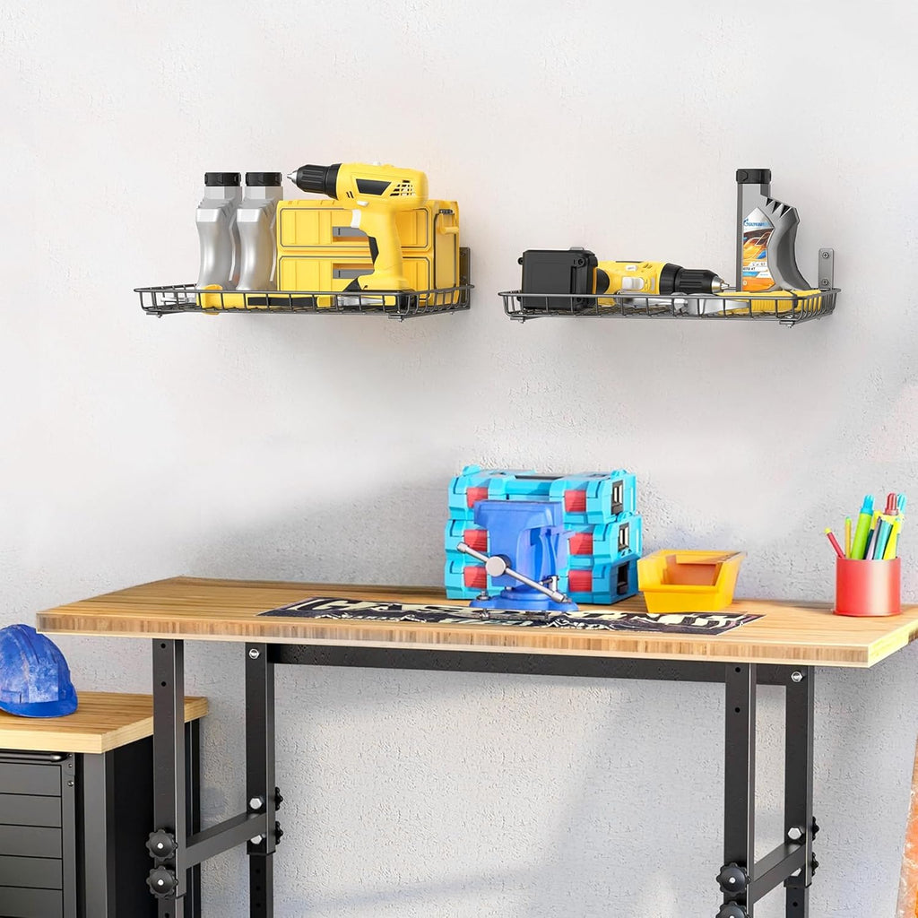 WALMANN Wall-Mounted Garage Shelves - Heavy Duty Storage Solution | 12x18 Inch, Holds 60 lbs (Pack of 2, Black)
