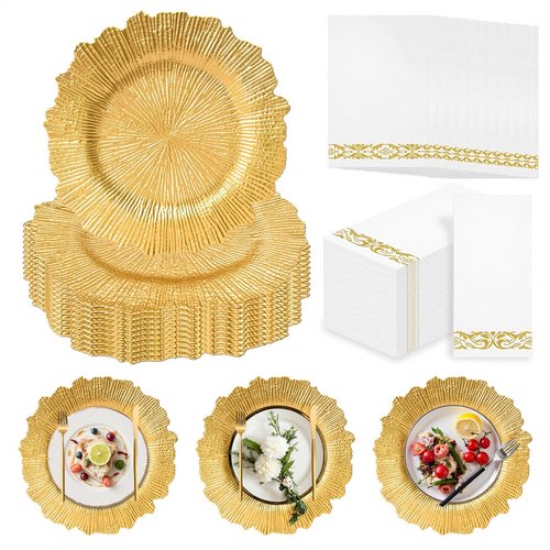 PROY 50 Pcs Gold Charger Plates Bulk, 13" Gold Reef Charger Plates for Wedding, Thanksgiving, Christmas, Plastic Chargers for Dinner Plates