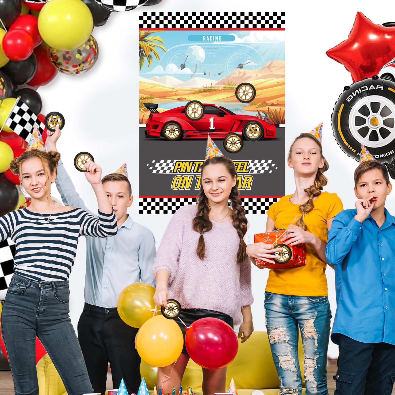 WNINK Pin The Wheels On The Car Games, Cars Party Games, Birthday Game with 30 Gold Tyres Stickers, 2 Blindfolds for Car Theme Birthday Party Racing Car Party Gifts