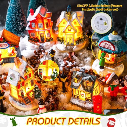 Kasyat Christmas Village Set - 58 Pcs Miniature Figurines & LED Houses for Winter Decor