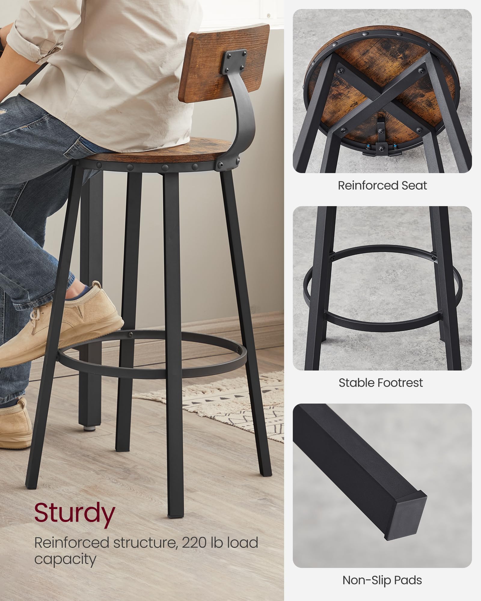 VASAGLE Bar Stools Set of 2, Bar Height Stools, 28.9 Inches Counter Barstools Chairs with Back for Dining Kitchen Island, Steel Frame, Industrial Style, Easy Assembly, Rustic Brown and Ink Black