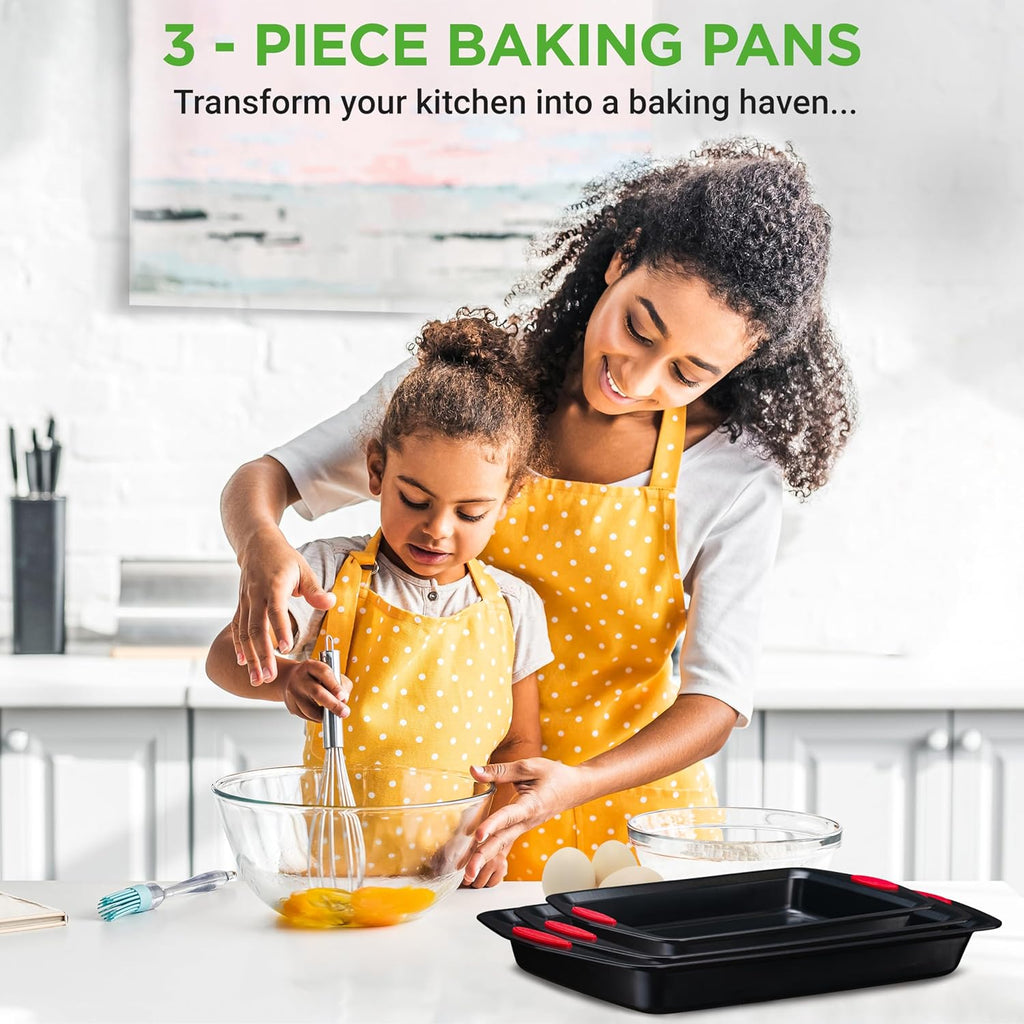 NutriChef 3-Piece Baking Pan Set | Premium Nonstick Carbon Steel Bakeware with Silicone Handles - Black