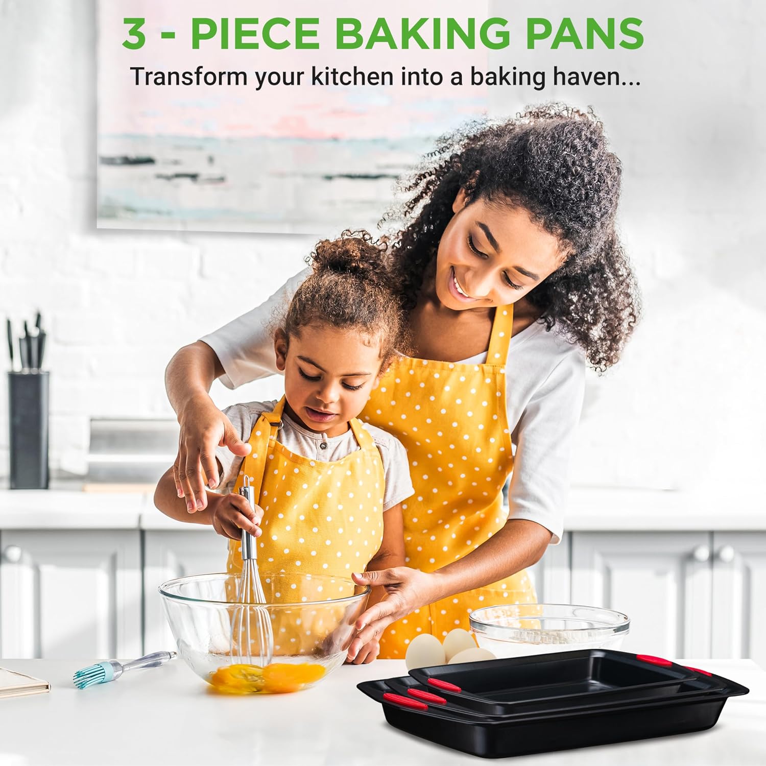 NutriChef 3-Piece Baking Pan Set | Premium Nonstick Carbon Steel Bakeware with Silicone Handles - Black