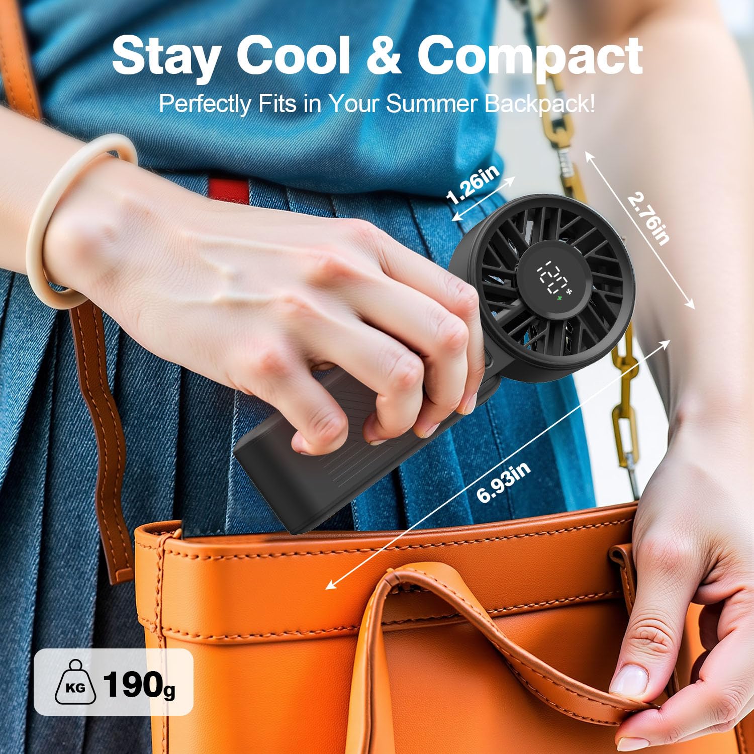 K-RUNMAN Portable Handheld Fan, 4000mAh Rechargeable, 6 Speed Settings, LCD Display, 3-in-1 Foldable Mini Desk Fan with Lanyard (BLACK)