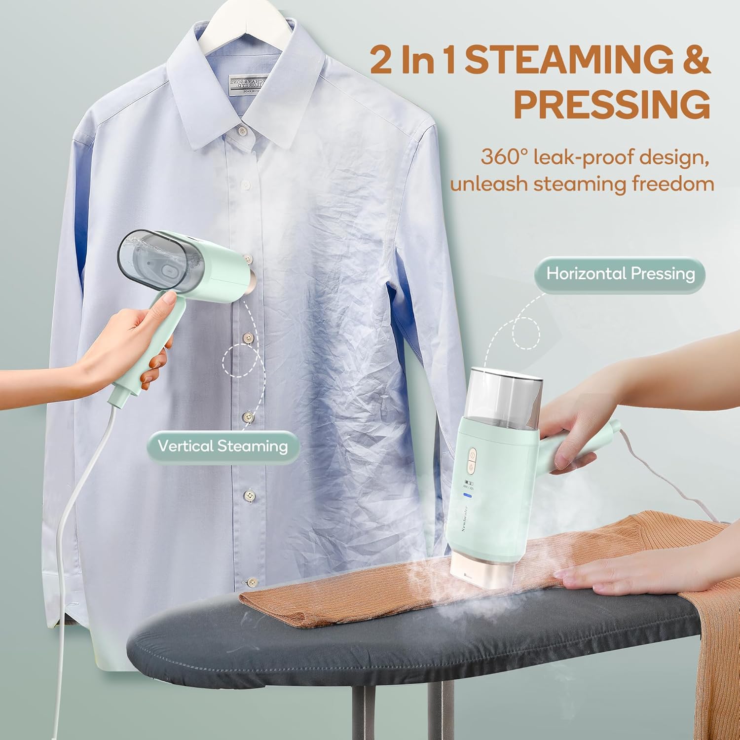 Newbealer Travel Steamer for Clothes - Dual Voltage 1200W, Quick 20s Heat-Up, Foldable Design, 180ml Capacity (Green)