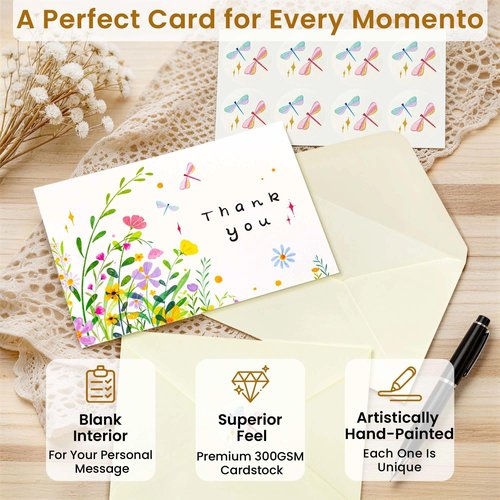 iinut 32 Floral Thank You Cards with Envelopes, 4x6 Inch Blank Cards with Vibrant Designs, Note Cards made from 300gsm Cardstock, Blank Notes for Graduation, Anniversaries, Baby Showers