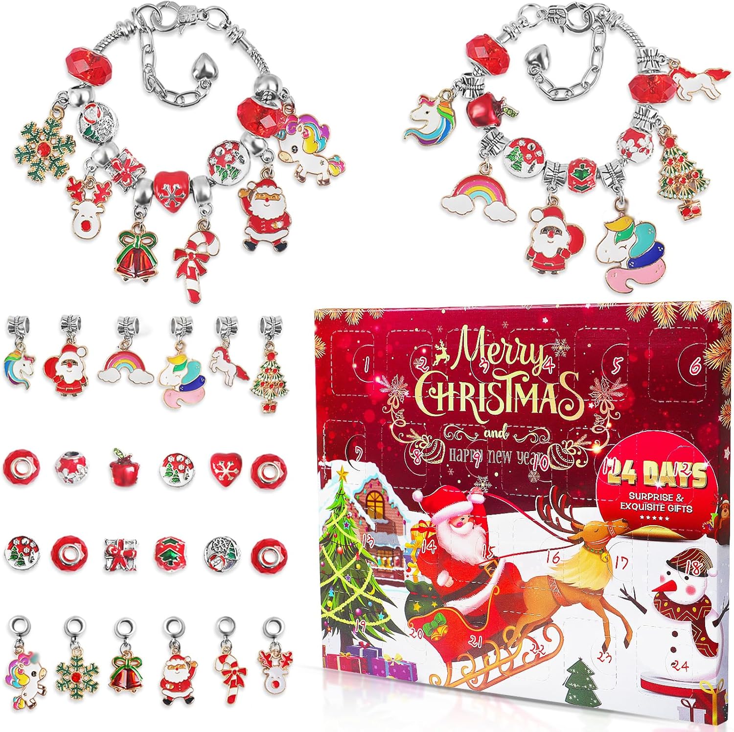 SIXNIE Christmas Advent Calendar - 24-Day Countdown Charm Bracelets Kit for Girls & Teens