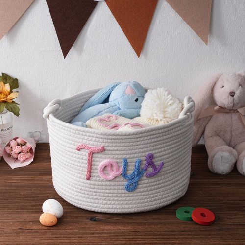 JUOOE Personalized Cotton Rope Baby Gift Basket, Nursery Storage Organizer, Baby Shower Basket with Custom Name